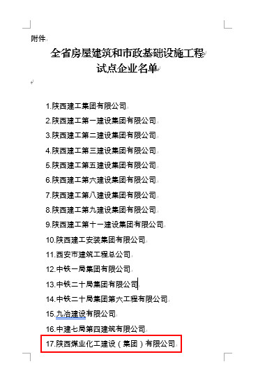 陜煤建設集團入選全省房屋建筑和市政基礎設施工程總承包試點企業