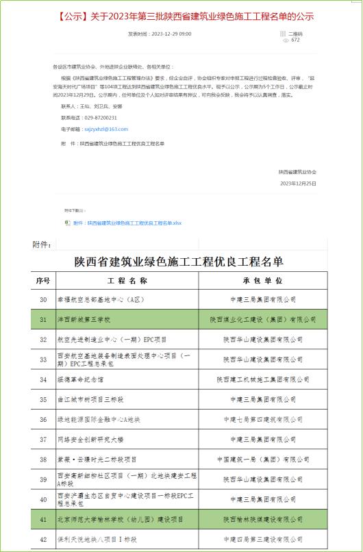 陜煤建設兩個項目喜獲“陜西省建筑業綠色施工優良工程”稱號